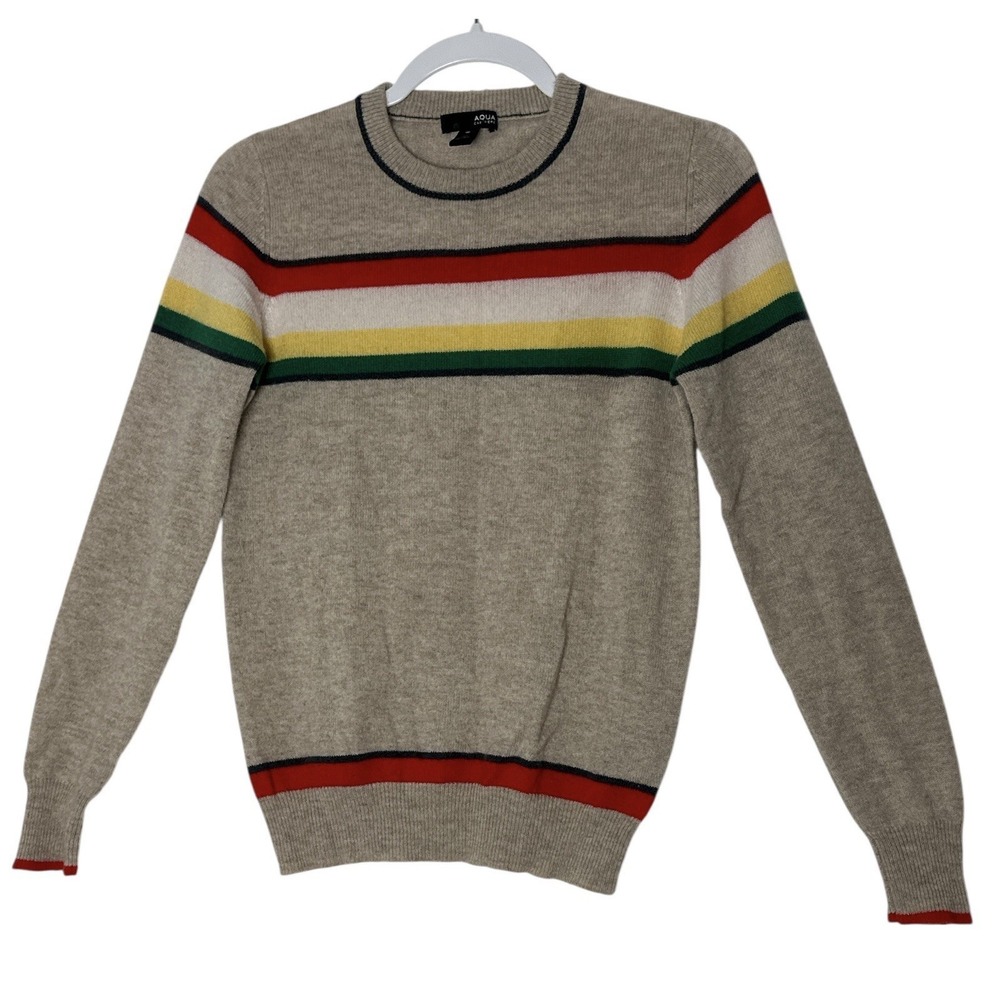 Aqua Cashmere Sweater Women's XS Rainbow Stripe Knit Colorful Cozy Outdoor